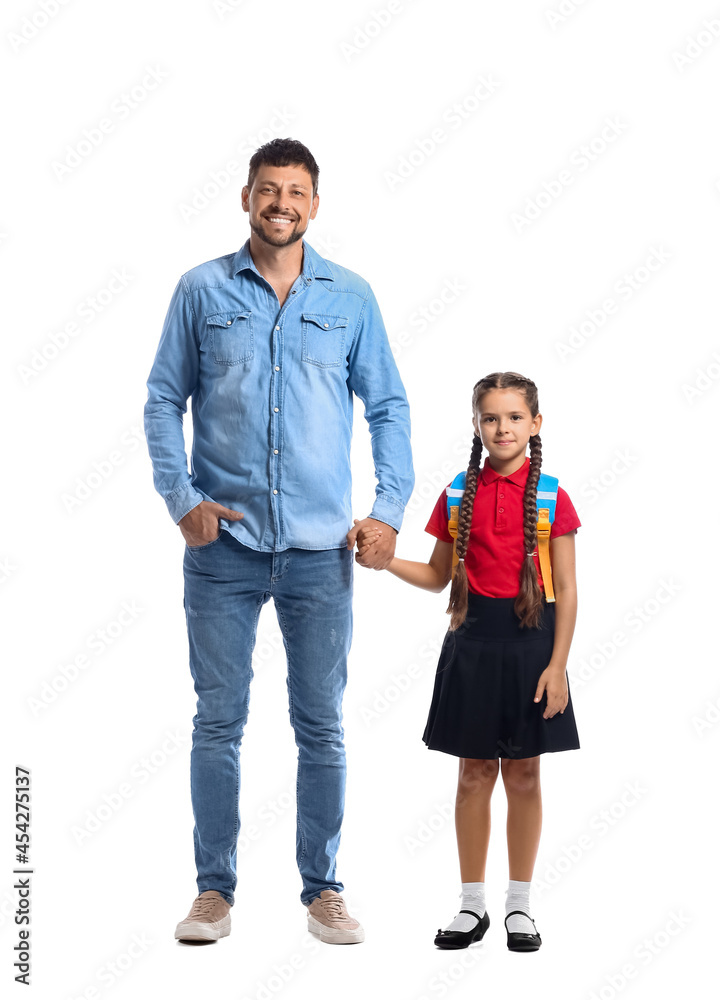 Little schoolgirl with her father on white background Little schoolgirl with her father on white background
