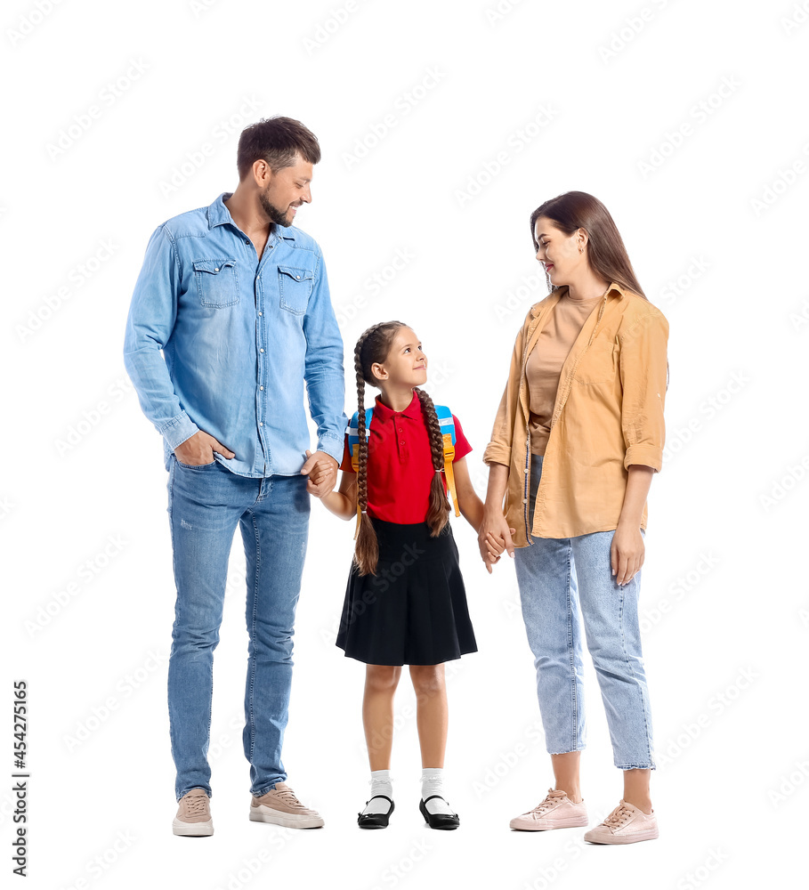 Little schoolgirl with her parents on white background Little schoolgirl with her parents on white background