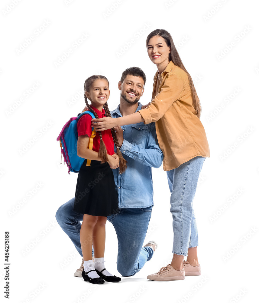 Little schoolgirl with her parents on white background Little schoolgirl with her parents on white background