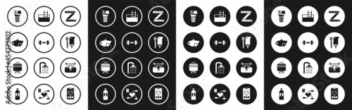Set Tape measure, Dumbbell, Teapot with cup, Fresh smoothie, Toothbrush and toothpaste, Swimming pool ladder, Bench barbel and Cooking icon. Vector