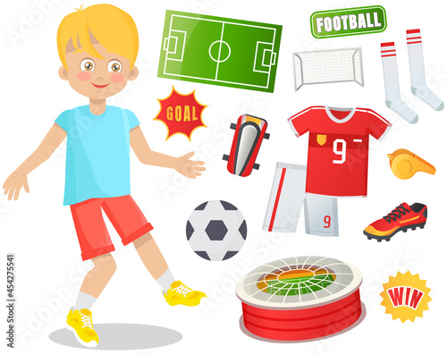 Boy soccer football player. Kids future dream professional sportive career illustration with football attributes uniform and awards, scoreboard and stadium stopwatch and gate field team championship