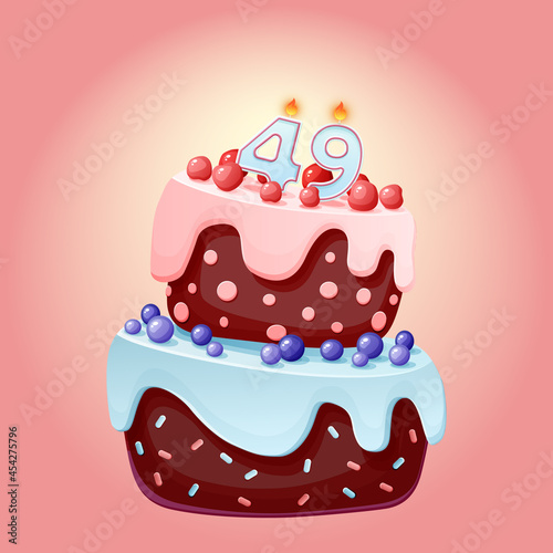 Forty nine years birthday cake with candles number 49. Cute cartoon festive vector image. Chocolate biscuit with berries, cherries and blueberries. Happy Birthday illustration for parties photo