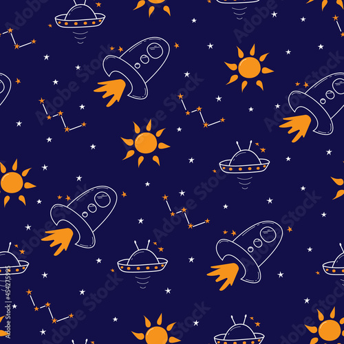 Cosmic  hand drown pattern on dark blue background. Seamless childish pattern with rockets, planets, stars, alien ship. Ideal for wrapping paper, textile, wallpaper, baby wear, etc. Space theme.Eps 10