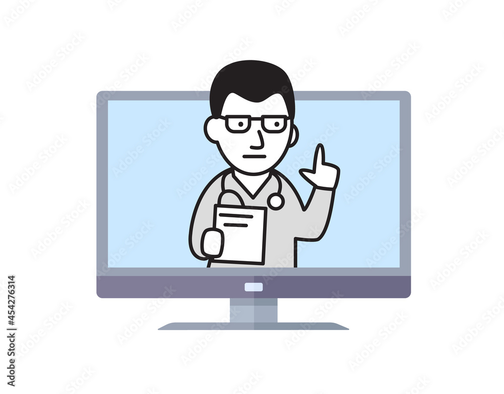 The doctor consults the patient from the monitor screen. Remote patient reception, telemedicine. Vector illustration in flat style, isolated on white. The doctor consults the patient from the monitor screen. Remote patient reception, telemedicine. Vector illustration in flat style, isolated on white.
