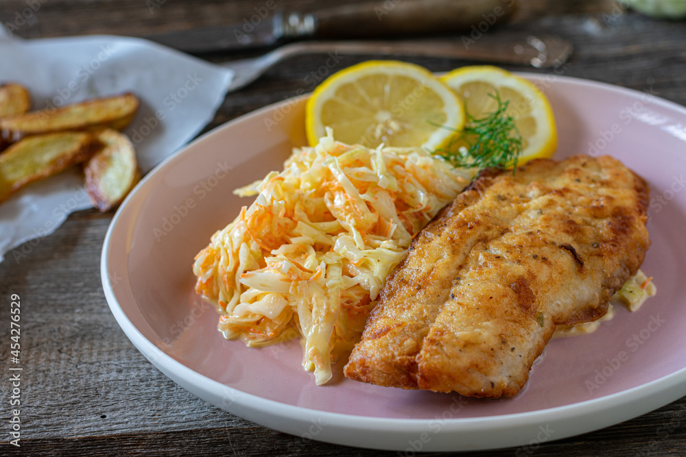 Breaded fish with homemade coleslaw