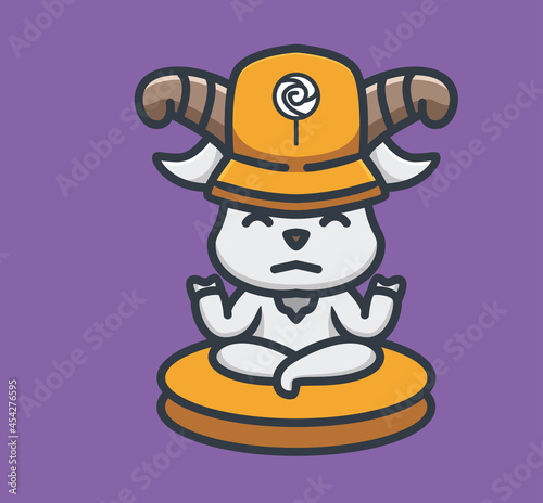 Cute Cartoon goat doing a yoga meditation, spa sitting for healty life animal. Animal Flat Style Icon illustration Premium Vector Logo mascot