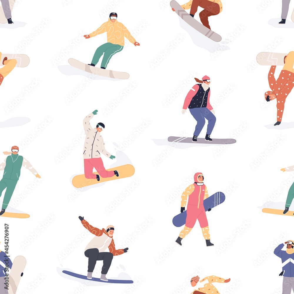 Seamless pattern with happy snowboarders on white background. Endless texture with different people riding snowboards in winter. Repeating design with human on boards. Colored flat vector illustration