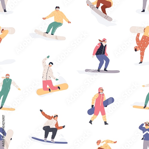 Seamless pattern with happy snowboarders on white background. Endless texture...