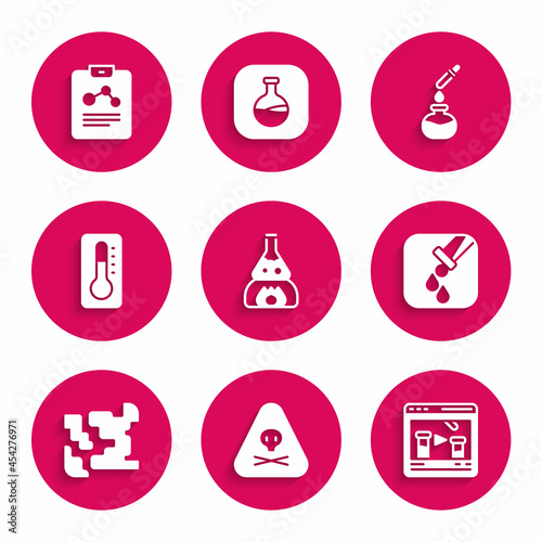 Set Test tube flask on fire, Triangle warning toxic, Chemical online, and, Gaseous, Medical thermometer, and Chemistry report icon. Vector