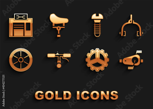 Set Bicycle handlebar, brake calipers, pedals, sprocket crank, wheel, Metallic screw, repair service and seat icon. Vector