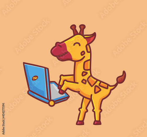cute giraffe work on laptop. cartoon animal science technology concept Isolated illustration. Flat Style suitable for Sticker IconDesign Premium Logo vector. Mascot Character
