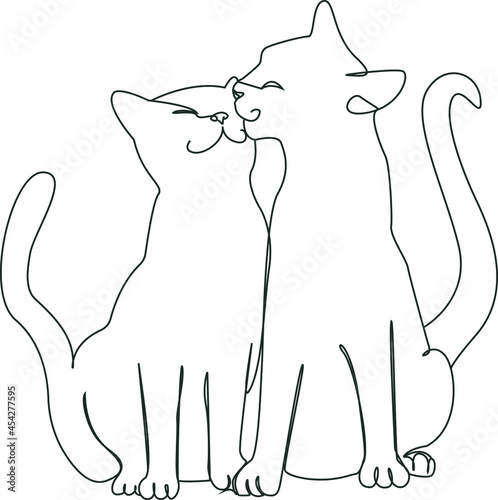 Cute cats are caressing. Kiss the seals. Vector line art illustration.