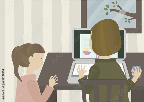 リモートワークをしている母親と子供
