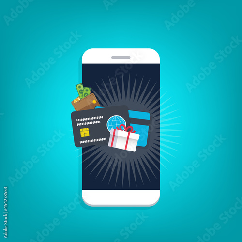 Smart phone notification with gift box, money, present and cash. Online award or bonus achievement as giveaway.