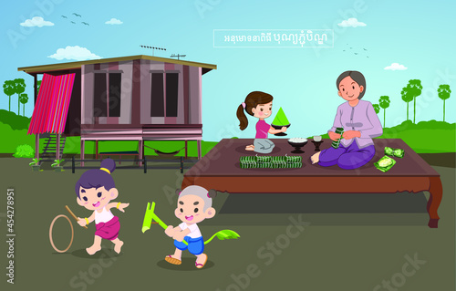 Pchum Ben Day,Cartoon character, cambodia traditional Bowl,Num Ansom Cambodia Traditional Cake, Grandmother and grand holding hands Little girl with a Num Ansom cartoon vector flat illustration