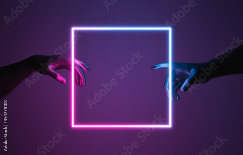 Canvas Print Adam's creation style hands with a neon frame