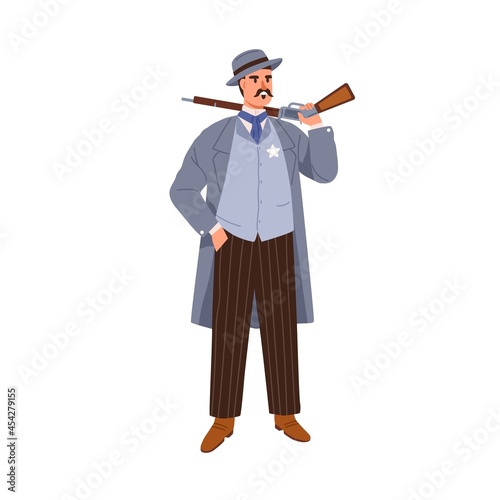 Western police man with gun. American gunman in hat and elegant vintage clothes. Noble person standing with shotgun. Flat vector illustration of Texas human and weapon isolated on white background