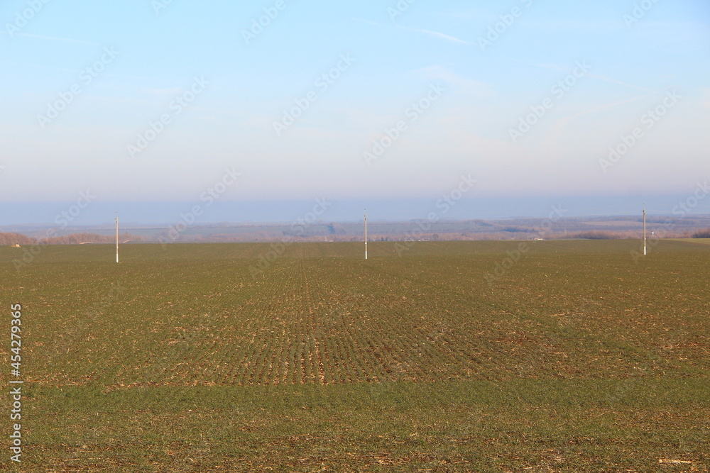 Plowed agricultural field and electric poles