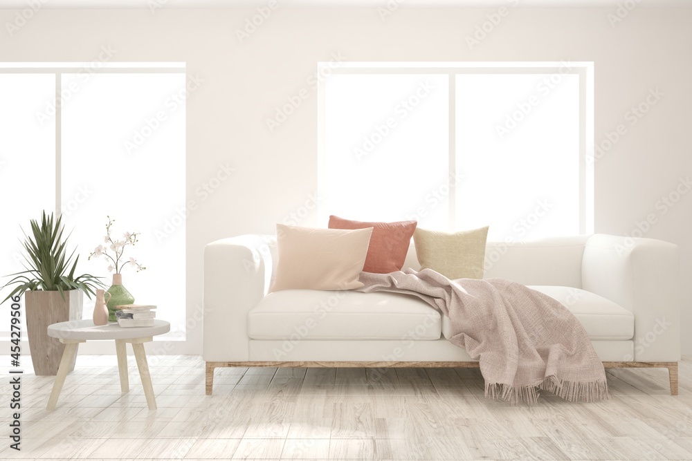 White living room with sofa. Scandinavian interior design. 3D illustration White living room with sofa. Scandinavian interior design. 3D illustration