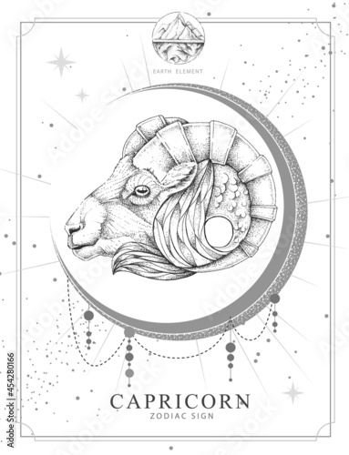 Modern magic witchcraft card with astrology Capricorn zodiac sign. Realistic hand drawing ram or mouflon head