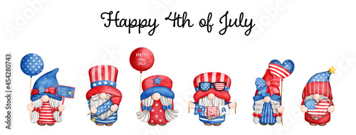Digital painting watercolor 4th of July gnomes banner. Happy 4th of July. Independence day gnome.  photo