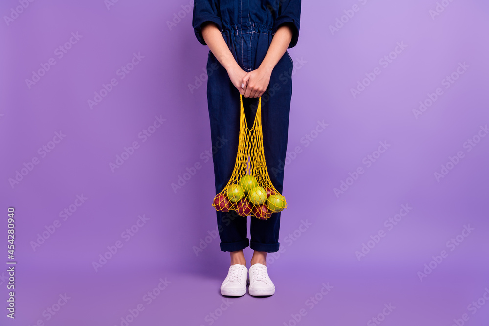 Cropped photo of young woman female hold net bag earth activist no plastic concept isolated on purple color background Cropped photo of young woman female hold net bag earth activist no plastic concept isolated on purple color background