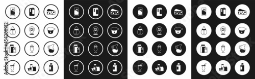 Set Cheese, Baby milk in a bottle, Glass with, Yogurt container, Milk plastic, jug or pitcher and Paper package for kefir icon. Vector