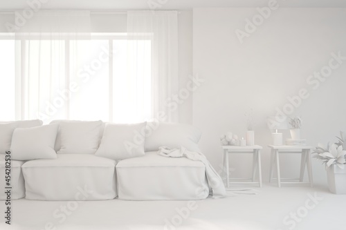 Mock up of minimalist living room in white color with sofa. Scandinavian interior design. 3D illustration