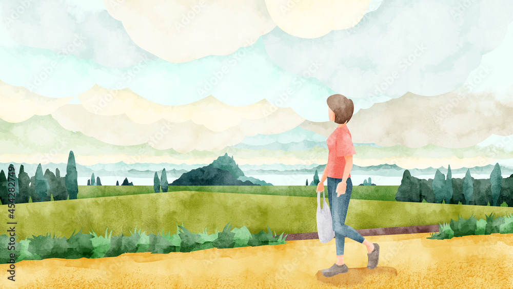 雲が広がる日本の田園風景水彩風イラスト Stock Illustration Adobe Stock