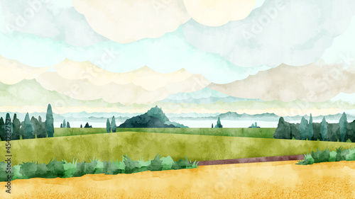 雲が広がる日本の田園風景水彩風イラスト