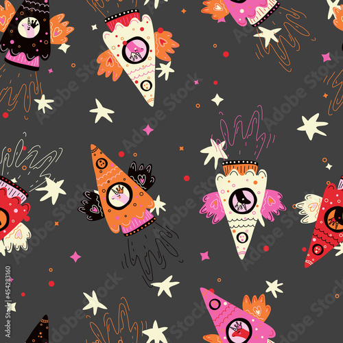 Unicorn flying in rocket flat vector illustration. Scandinavian style animal traveling in space. Sketchy stars, planets. Children textile, t-shirt print pattern.