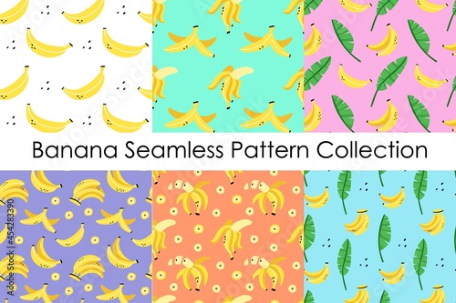 Banana seamless pattern set. Exotic tropical fresh fruit, whole and sliced, bananas peel, cartoon minimalistic style isolated background, decor textile, wrapping paper wallpaper vector print or fabric