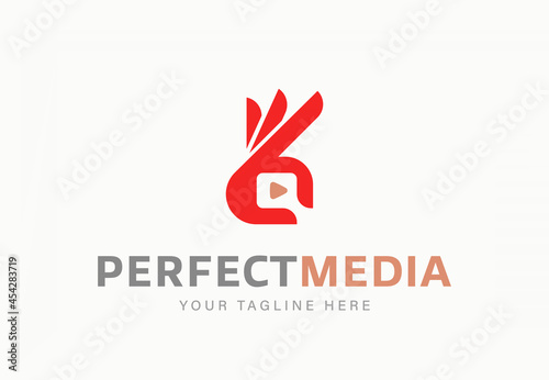 Elegant logo with play media symbol and red hand gesturing OK
