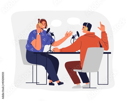 People recording podcast. Man and woman in headphones talking and interviewing for radio broadcast. Online audio streaming from studio. Colored flat vector illustration isolated on white background
