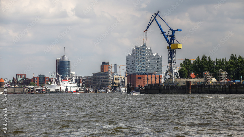 View over industrial port and cityscape of Hamburg
