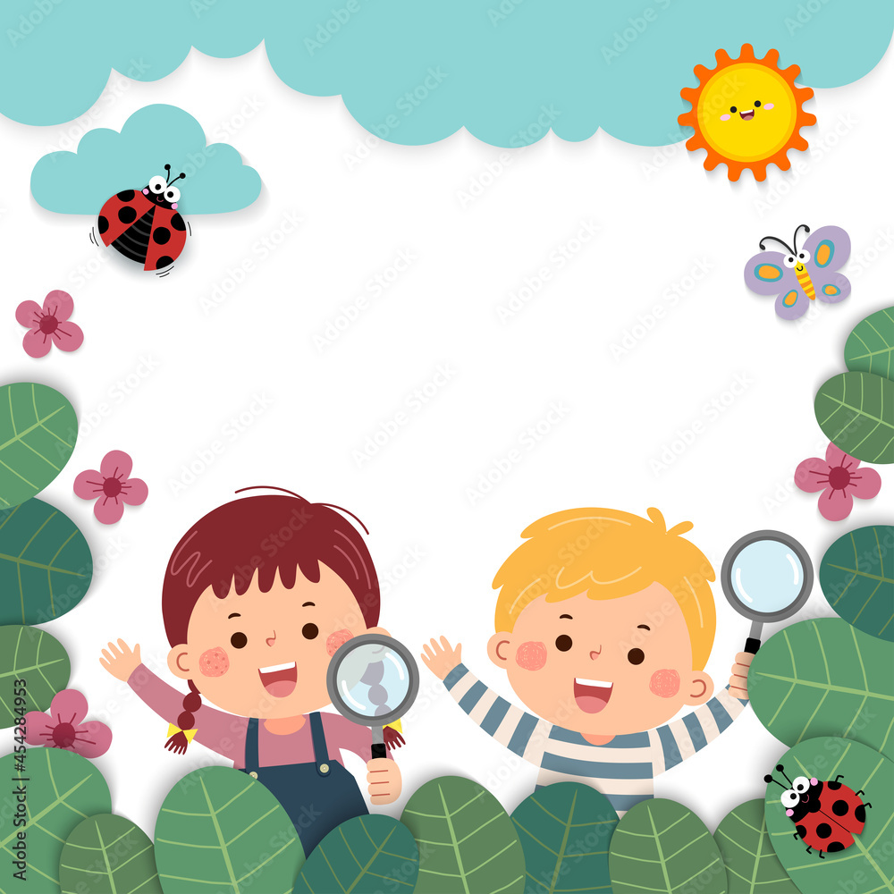 Template for advertising brochure with cartoon of girl and boy holding magnifying glasses in nature. Children observing nature in paper cut style. Template for advertising brochure with cartoon of girl and boy holding magnifying glasses in nature. Children observing nature in paper cut style.