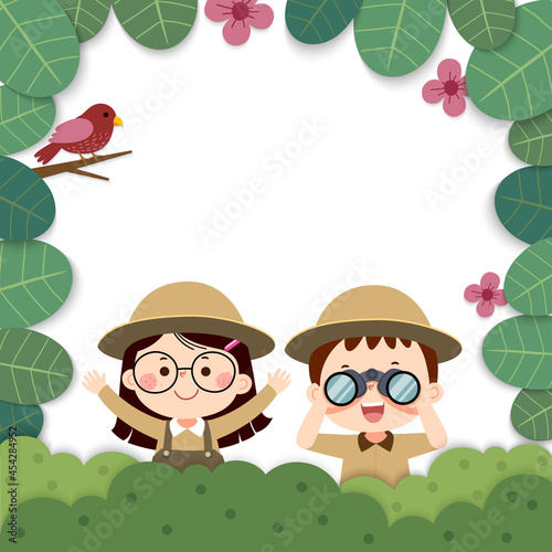 Template for advertising brochure with cartoon of girl and boy holding binoculars with a bird in nature. Kids observing nature in paper cut style.