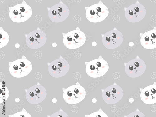 Vector illustration with paw prints and kitten cartoons on a grey background