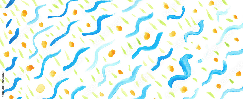 Watercolour hand drawn background yellow blue green orange wawes dots strokes Watercolour hand drawn background yellow blue green orange wawes dots strokes