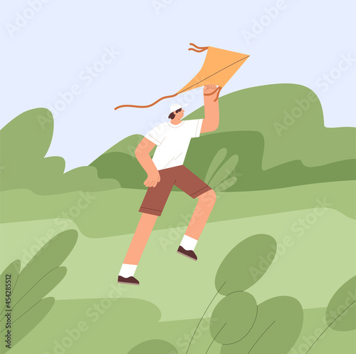 Adult man playing with air kite and fly it to sky. Happy active person with toy outdoors in summer. Kidult having fun in nature alone. Guy enjoying holidays. Flat vector illustration