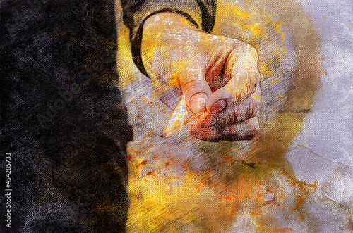 A man's hand holds a burning match. Close-up of a bright flame from a wooden match. Digital watercolor painting