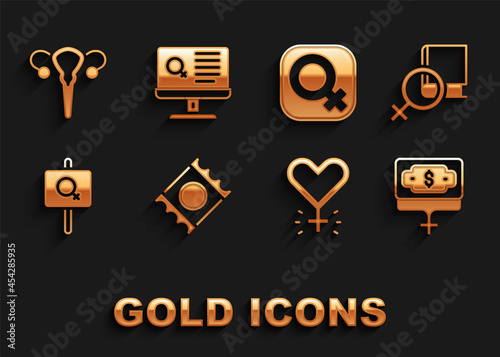 Set Condom in package, Book about women, Money growth woman, Feminism, Feminist activist, Female gender, reproductive system and Dating app icon. Vector
