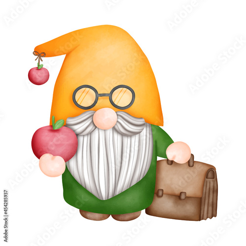 Digital painting watercolor back to school gnomes elements, student gnome isolated on white background