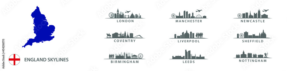 Big cities in England, skylines in vector sihouettes, english destinations like London, Leeds, Coventry, Birmingham, Liverpool, , ManchesterNewcastle, Sheffield, Nottingham