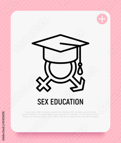 Sex education thin line icon. Gender symbols in mortarboard. Modern vector illustration.