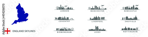 Big cities in England, skylines in vector sihouettes, english destinations like London, Leeds, Coventry, Birmingham, Liverpool, , ManchesterNewcastle, Sheffield, Nottingham photo