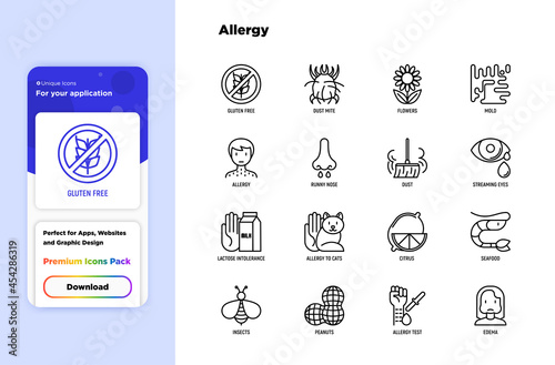 Allergy thin line icons set. Symptoms, allergens, prick test, edema. Vector illustration.