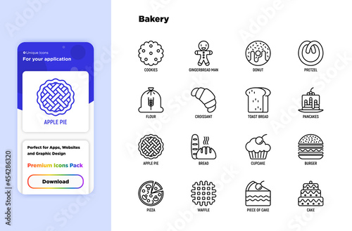 Bakery thin line icons set. Toast bread, pancakes, flour, croissant, donut, pretzel, cookies, gingerbread man, cupcake, burger, apple pie, pizza, waffle. Vector illustration.