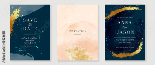 Abstract art background vector. Luxury invitation card background with golden line art and Watercolor brush texture. Vector invite design for wedding and vip cover template.