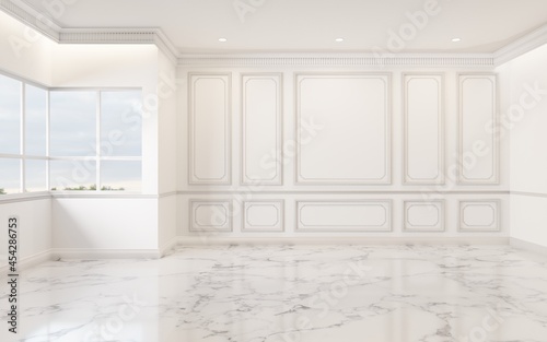 Empty wall in classic style, white tone, ceramic tiled floor.3d rendering